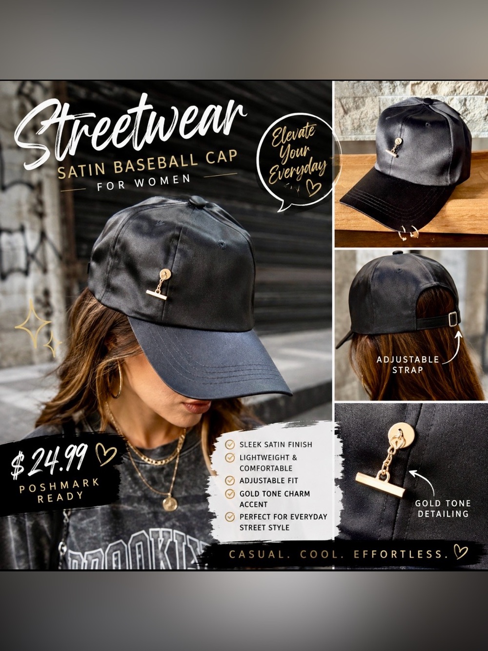 Satin Baseball Cap - Black with Gold Charms